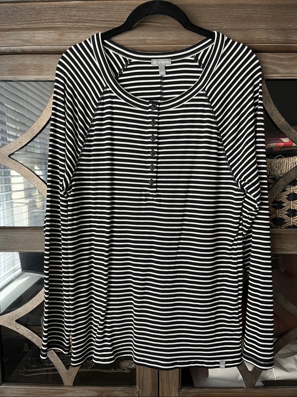 Talbots Black and White Striped Henley Long Sleeve Top